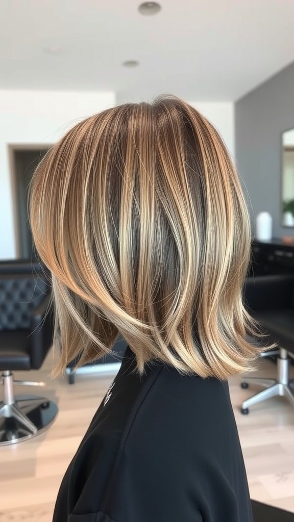 A symmetrical bob hairstyle with medium-length layers and subtle highlights.