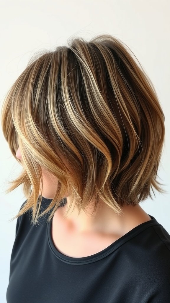 Medium-length hair with short textured layers, featuring soft waves and highlights.