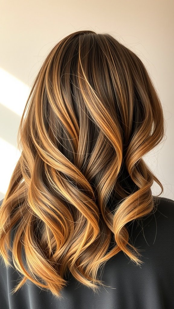 Shoulder-length hair styled in soft caramel waves