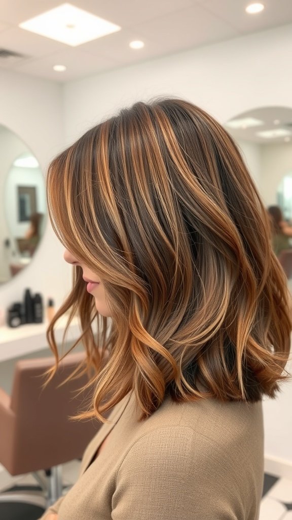 A woman with shoulder-length angular ash brown lob hairstyle, showcasing soft waves and highlights.