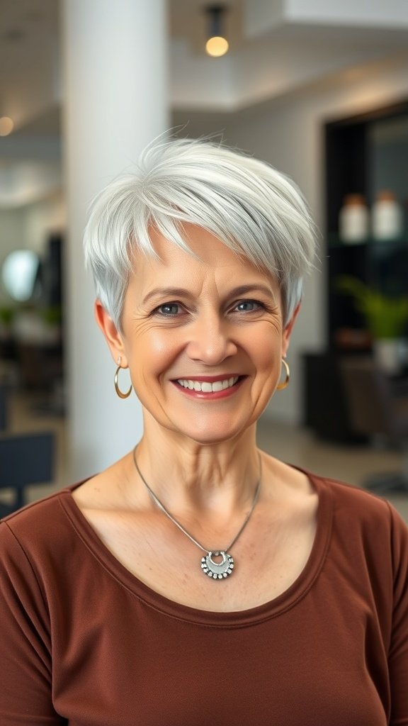 A woman with a pixie haircut featuring long side bangs and an undercut, smiling confidently.