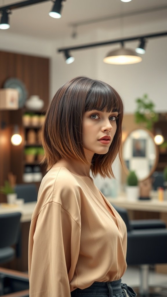 A woman with shoulder-length hair and long feathered bangs, looking stylish in a hair salon.