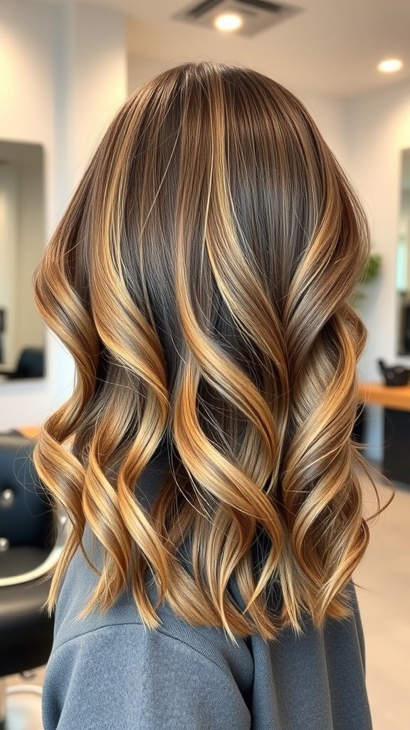 Wavy layered hairstyle with blunt ends, showcasing soft waves and blended colors.