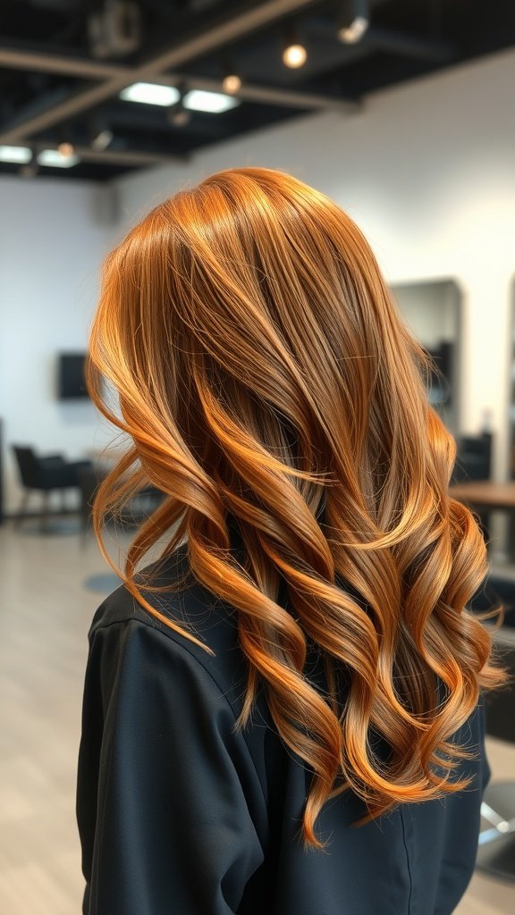 A woman with shoulder-length fiery auburn layered hair styled in soft curls.