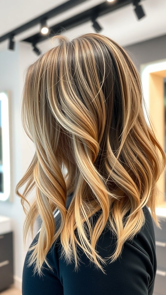 A layered haircut with balayage highlights, showcasing soft waves and warm tones.