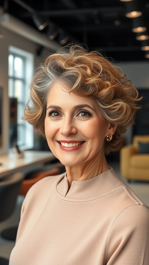A woman with a curly pixie hairstyle, smiling confidently in a modern setting.