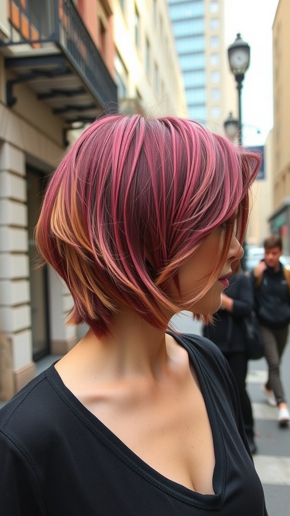 A woman with shaggy medium-length hair featuring side bangs, showcasing vibrant pink and subtle highlights.