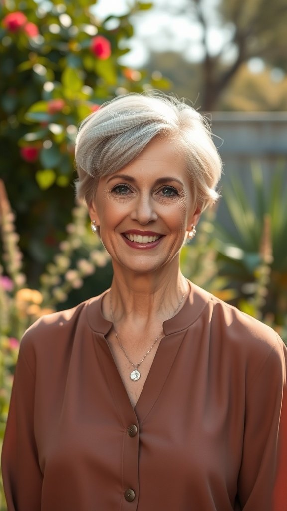 A woman with a pixie haircut featuring soft waves and a side part, smiling in a garden setting.
