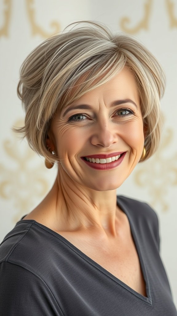 A woman with a short bob hairstyle featuring flipped out ends, smiling confidently.
