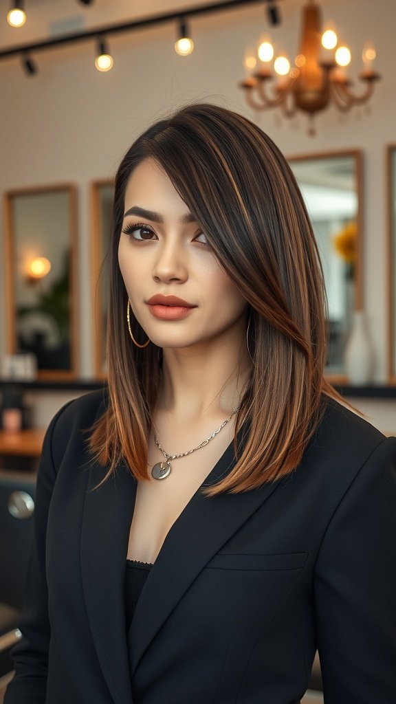 A woman with straight hair styled in asymmetrical medium-length layers, wearing a black blazer and hoop earrings.
