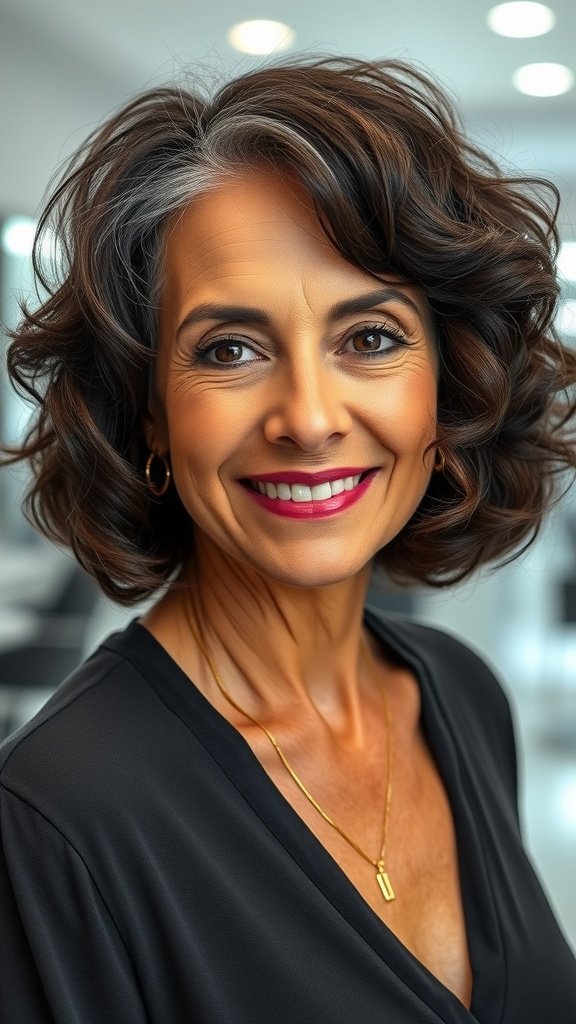 A woman with a bob haircut featuring tight curls and a shadow root, smiling confidently.