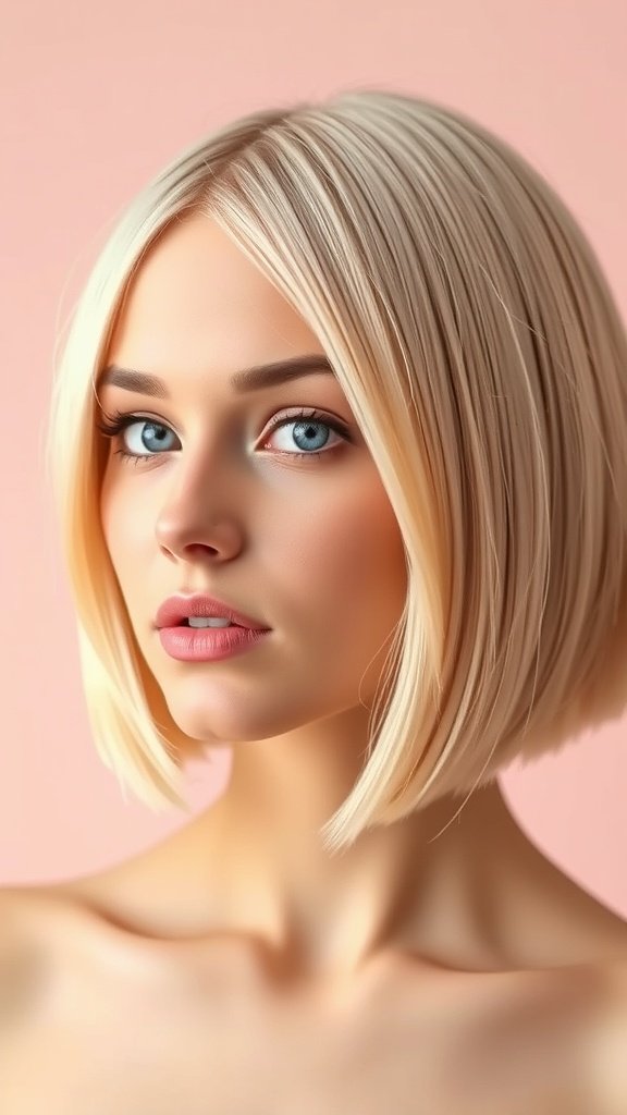 A woman with a classic A-line blonde bob hairstyle, showcasing a smooth and polished look.