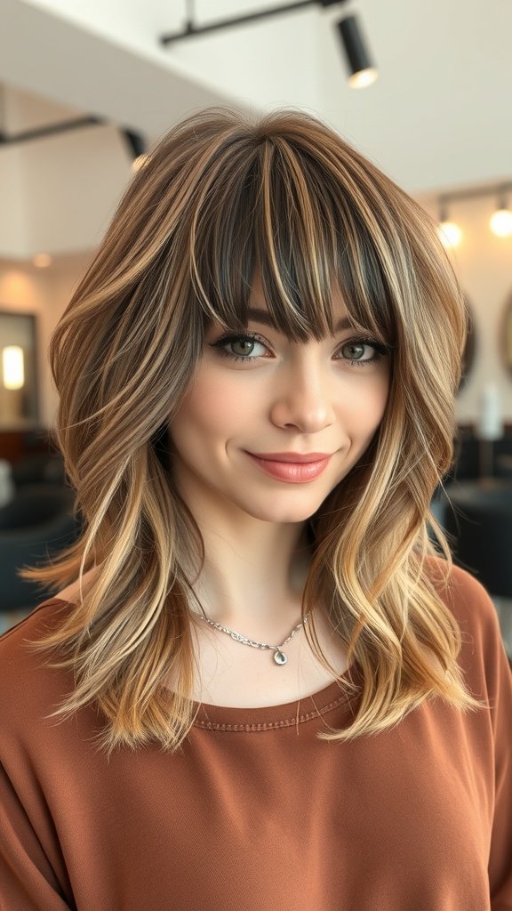A young woman with a mid-length feathered haircut and curtain bangs, smiling softly.