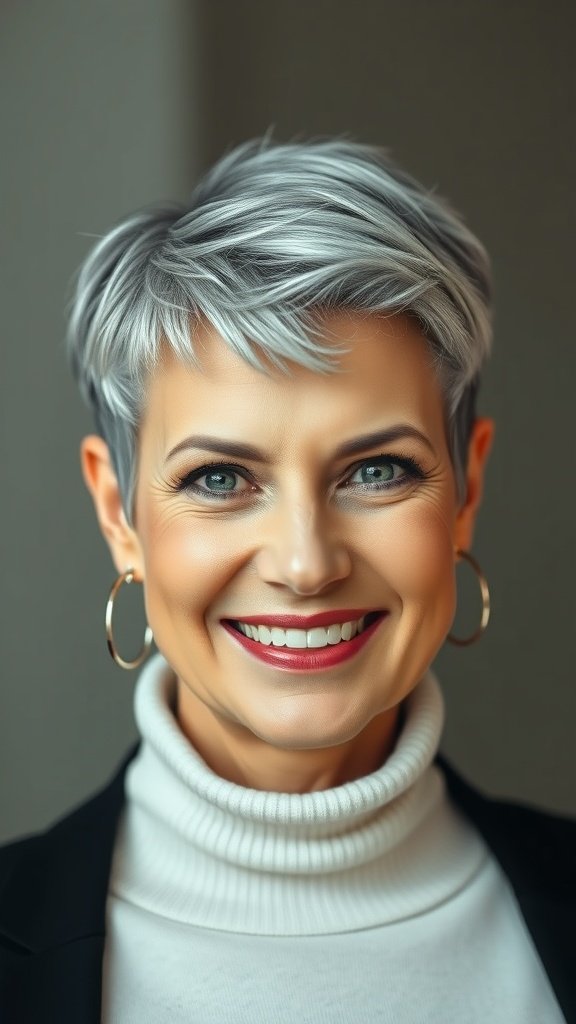 A woman with a sleek pixie hairstyle, featuring defined edges and a bright smile.
