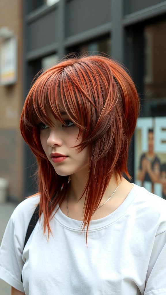 A young woman with a deep red mullet hairstyle featuring long bangs, standing outdoors.