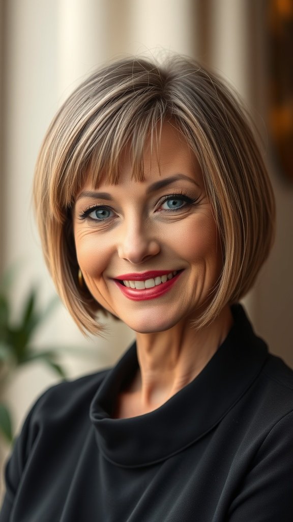 A woman with an angled bob hairstyle and sharp fringe, smiling confidently.