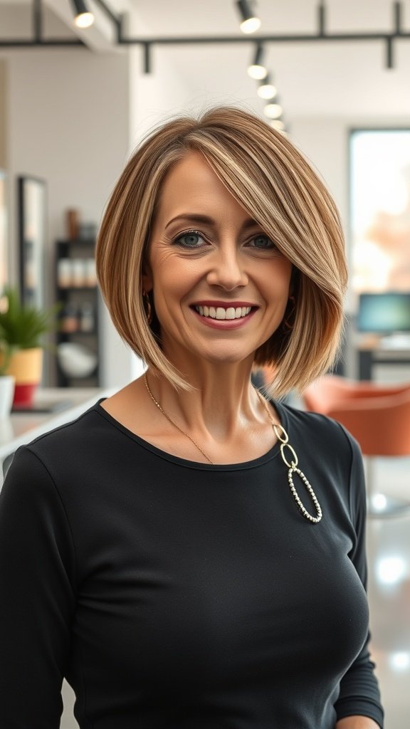 A woman with an angled bob hairstyle featuring razored ends, smiling confidently.