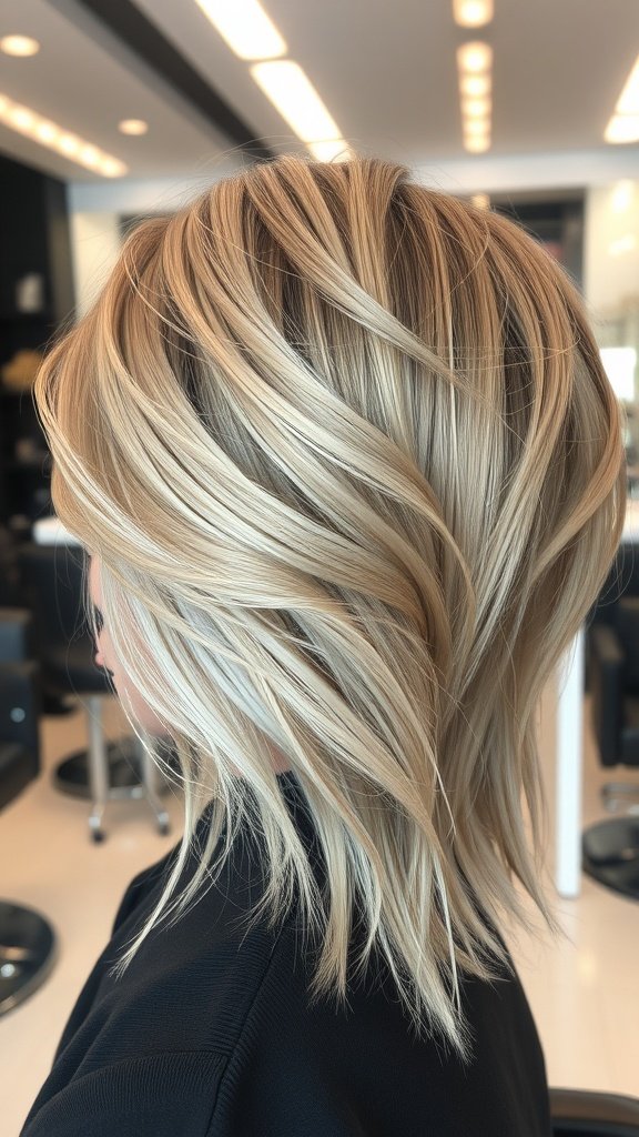 Ash blonde shag haircut with heavy layers, showcasing a modern and textured style.