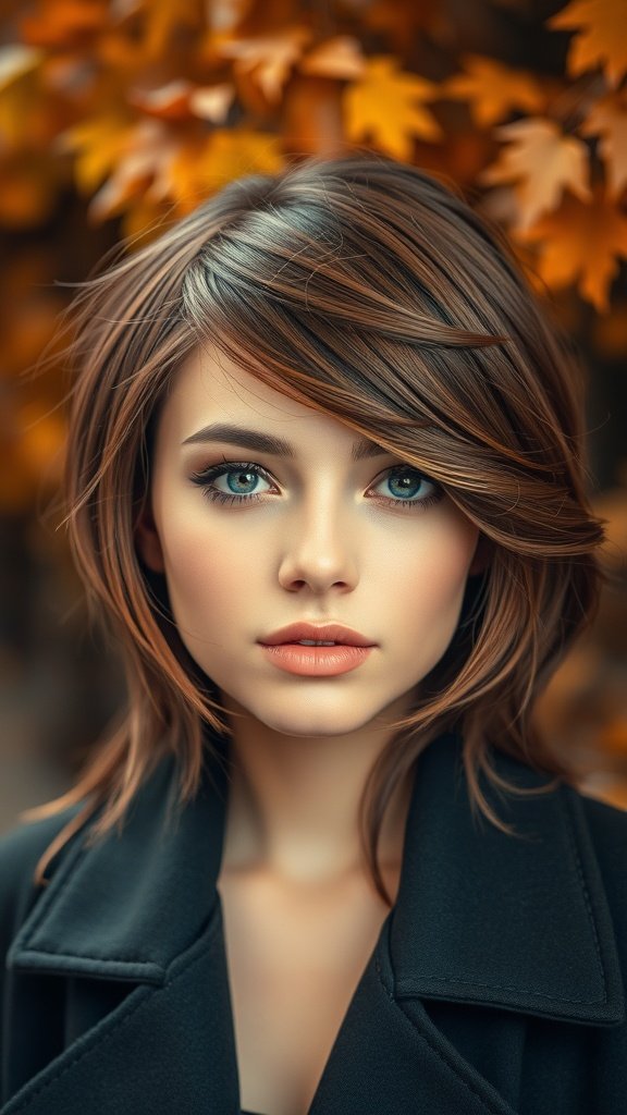 A woman with asymmetrical curtain bangs, showcasing a modern hairstyle against an autumn background.