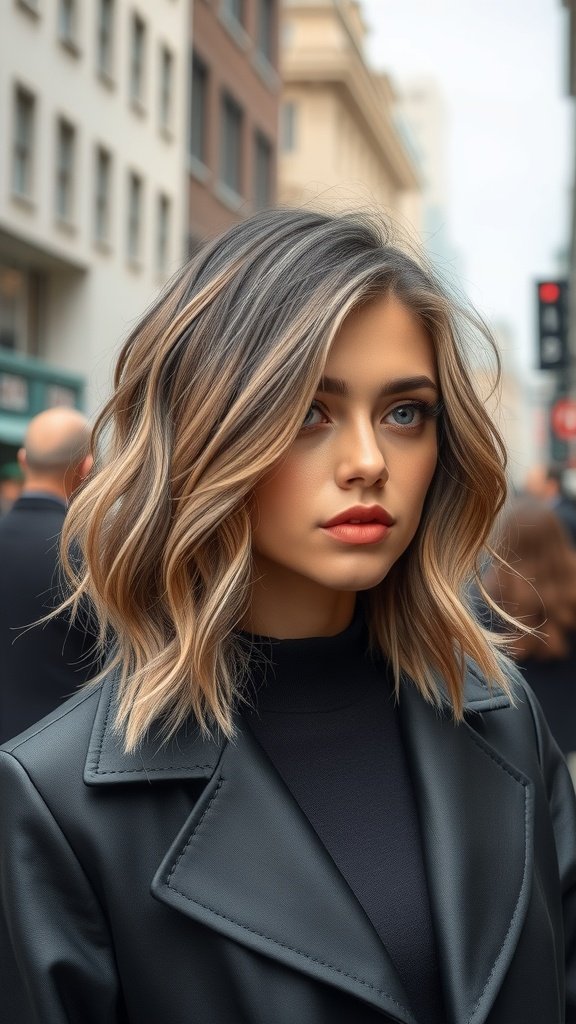 A woman with an asymmetrical wavy bob and a deep side part, showcasing a stylish and modern haircut.