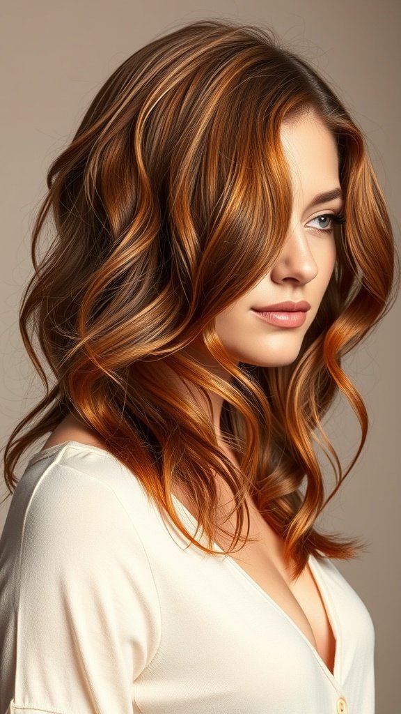 A woman with auburn copper hair featuring delicate honey highlights, styled in soft waves.