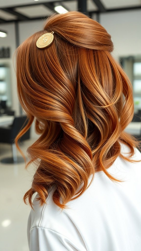 Auburn hair styled with copper money piece highlights, featuring soft curls.