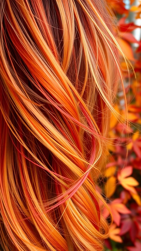 Long hair with autumnal saffron streaks in warm orange and yellow tones