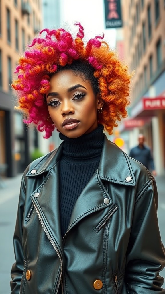 A stylish individual with a vibrant Avant-Garde Kinky-Coiled Perm hairstyle, featuring tight curls in pink and orange, wearing a black leather jacket.
