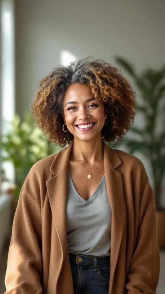A woman with big curly hair and lowlights, smiling in a cozy setting.