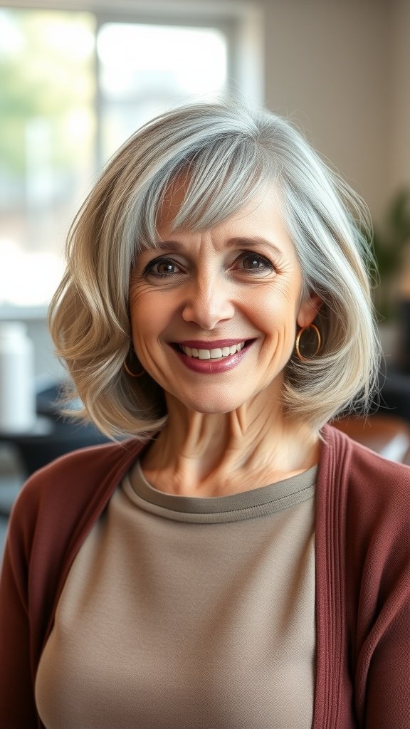 A smiling older woman with a blunt lob hairstyle featuring subtle waves, wearing a cozy outfit.