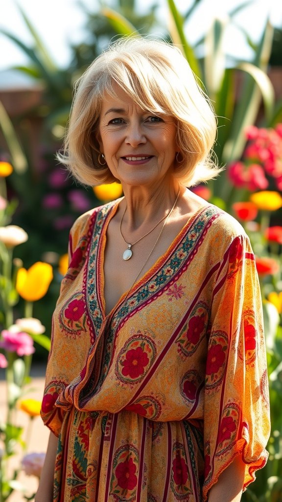 A woman over 60 with a Boho short bob hairstyle and loose waves, wearing a colorful floral dress in a garden.