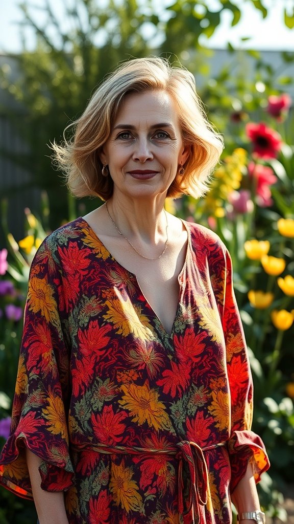A woman with a boho short bob hairstyle and loose waves, wearing a colorful floral dress in a garden setting.