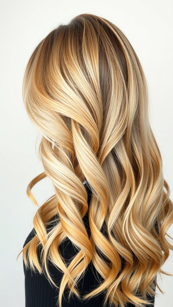 Butter blonde hair with toffee lowlights styled in soft waves