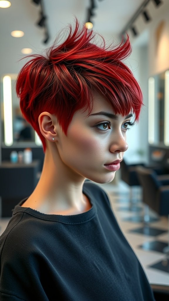 A person with a cherry red bixie haircut featuring an undercut, showcasing a stylish and edgy look.