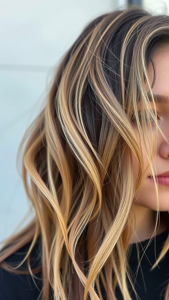 A close-up of hair featuring chunky ash blonde highlights on brown hair, styled in loose waves.