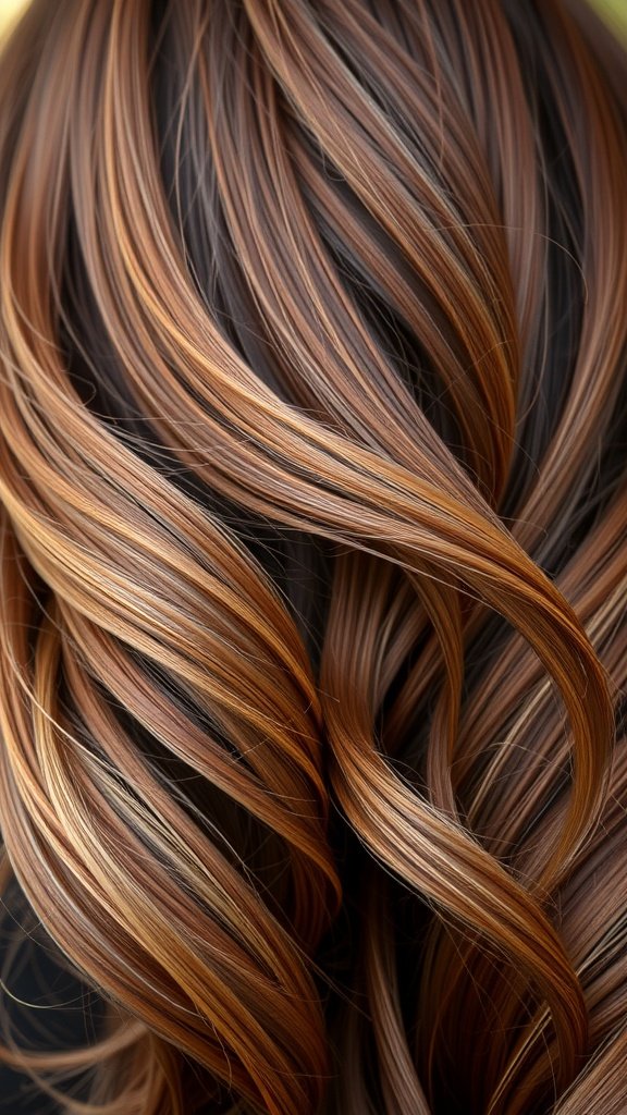 Cinnamon spice hair with vanilla highlights, showcasing rich brown tones and soft highlights.