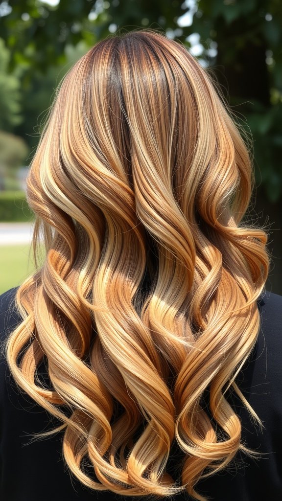 A back view of long, wavy hair styled in Cinnamon Swirl Blonde, showcasing warm blonde tones and rich highlights.