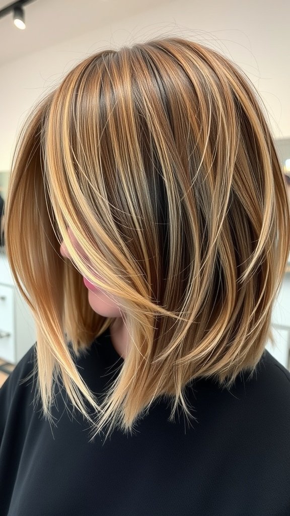 A classic bob hairstyle with subtle layers and highlights, showcasing movement and texture.