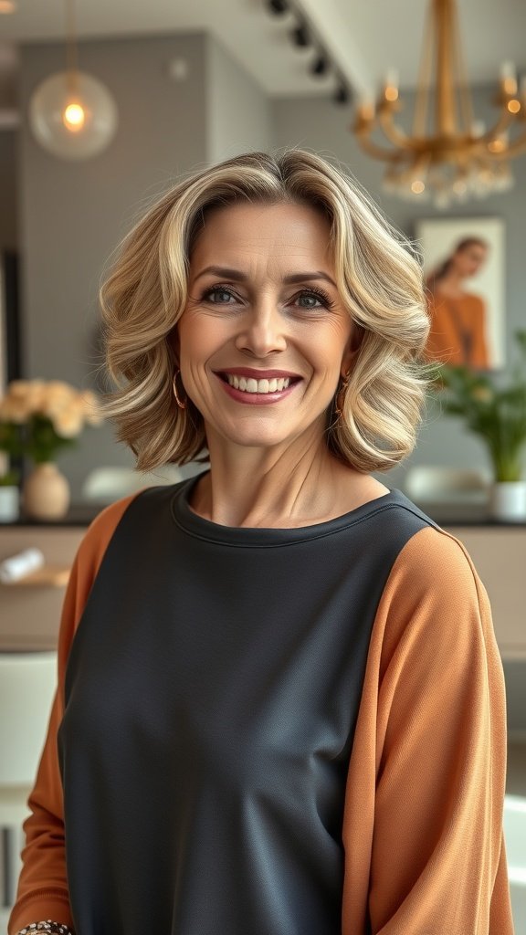 A woman with a classic lob hairstyle featuring soft curls, smiling warmly.