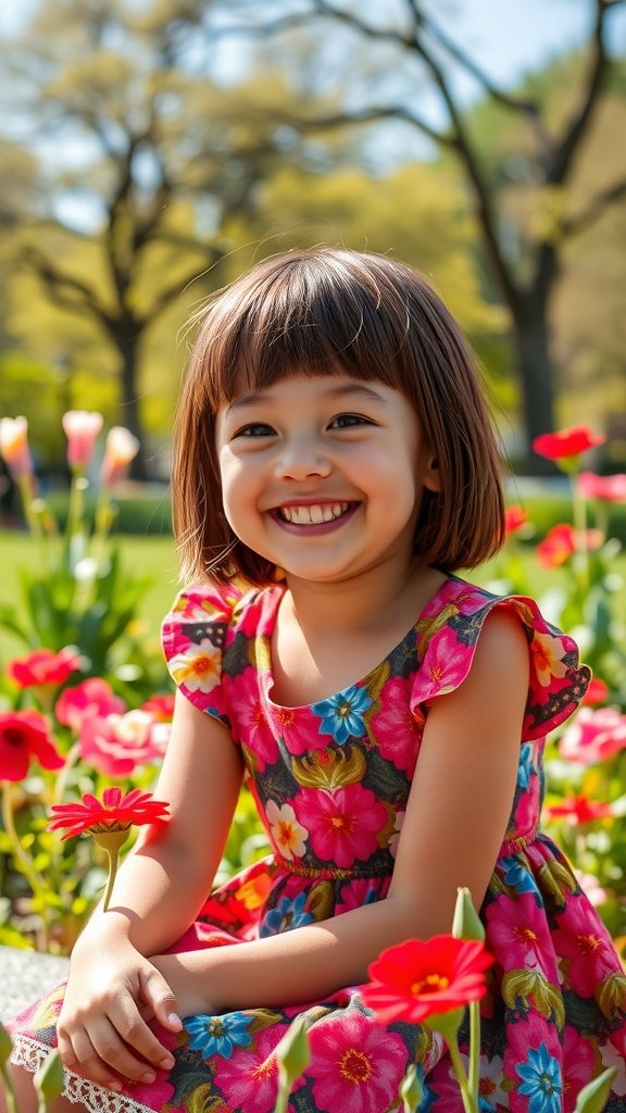 A young girl with a classic pageboy haircut, smiling in a flower garden