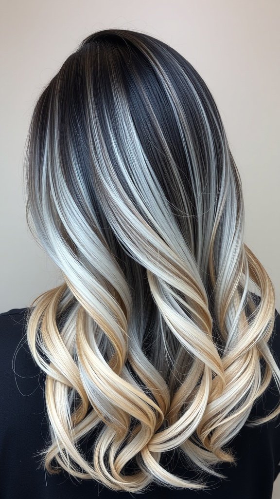 Coal black hair with icy blonde ombre, showcasing a beautiful gradient from dark roots to light tips.