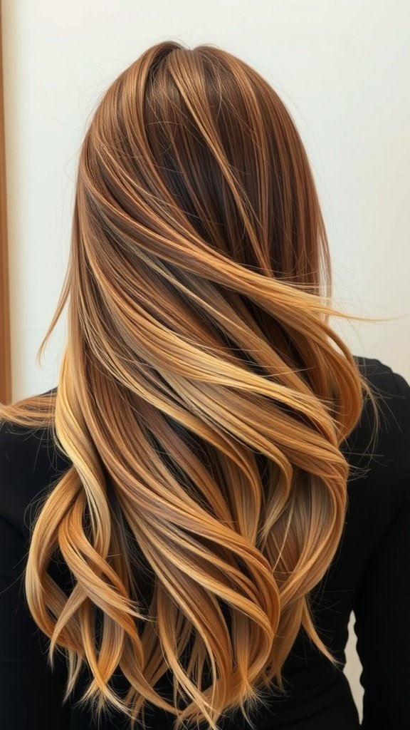 A woman with long, wavy hair showcasing a cocoa brown to sand blonde ombre hairstyle.