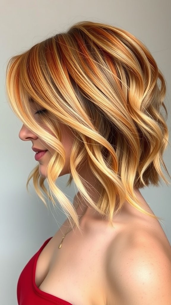 A woman with a copper to blonde balayage crop hairstyle, featuring soft waves and a stylish look.