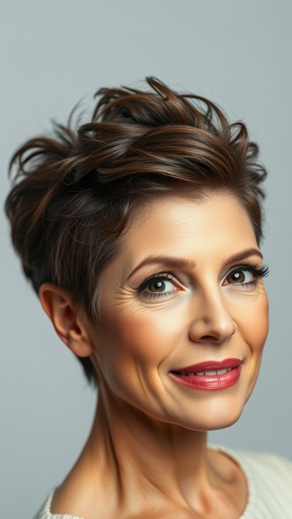 A woman with a crown-teased short haircut, showcasing volume and texture.
