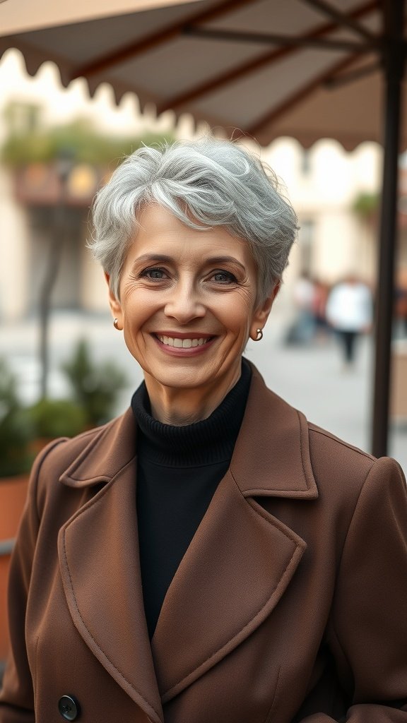 A smiling older woman with curly pixie haircut and tapered sides, wearing a brown coat.