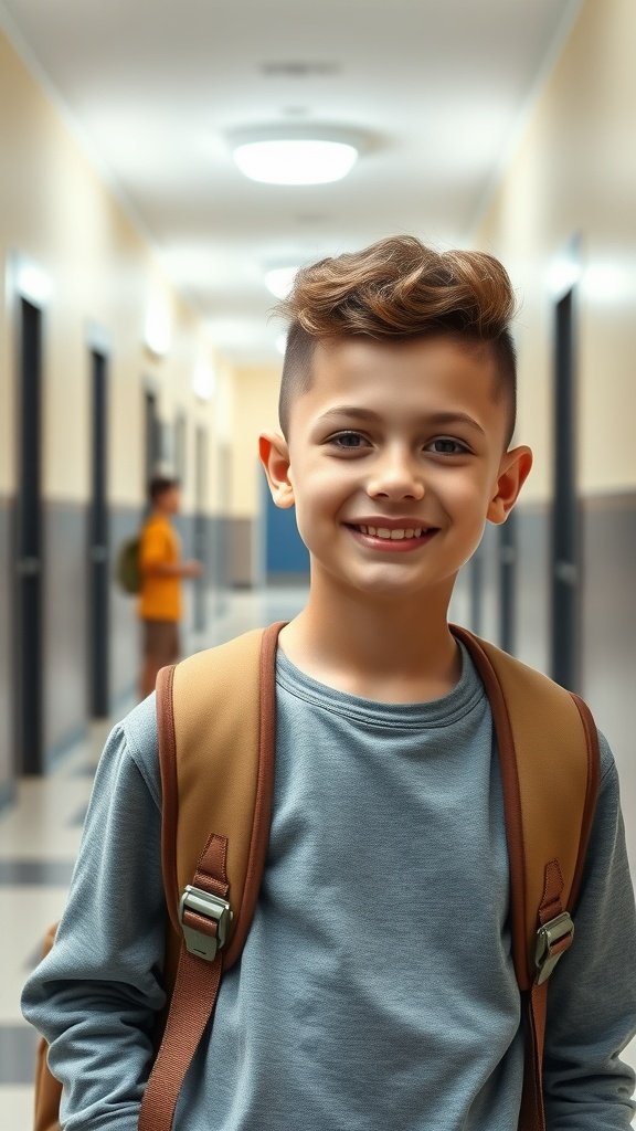 A young boy with a curly top haircut and low fade, smiling in a school hallway.
