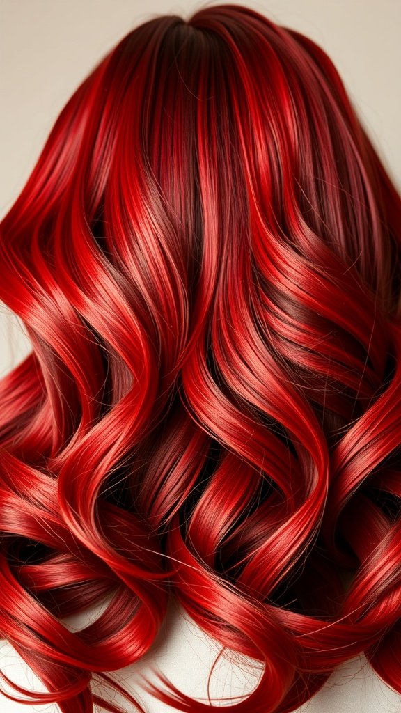 Dark-rooted vibrant red hair with soft waves