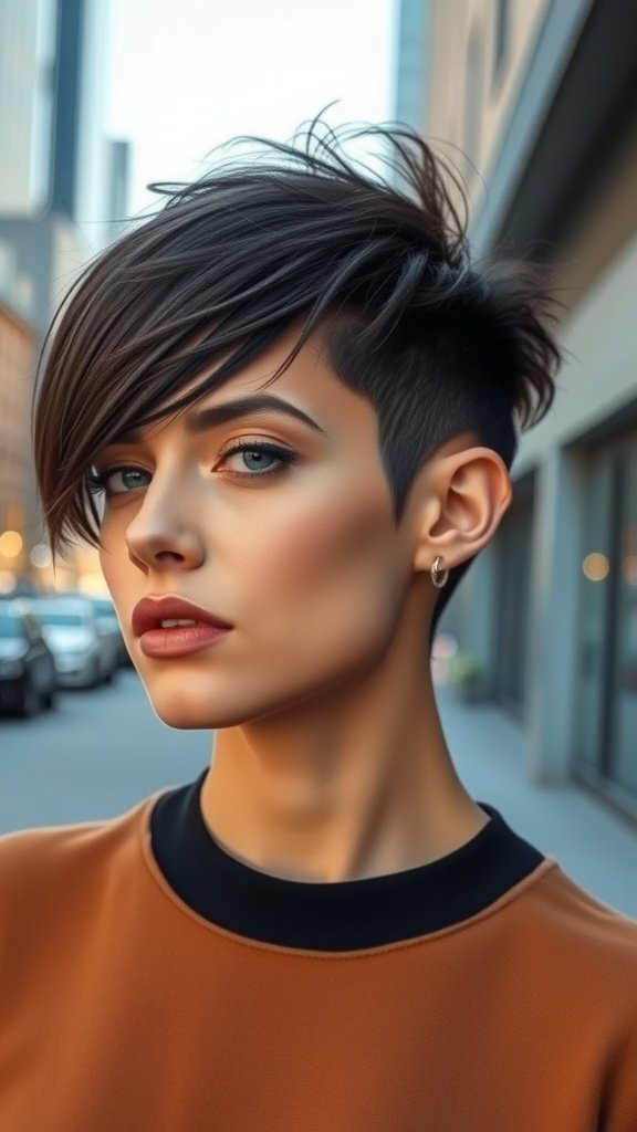 Model with an edgy undercut bob hairstyle, showcasing a chin-length bob with one side shaved.
