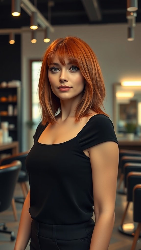 A woman with shoulder-length fiery red hair and curtain bangs, standing in a stylish salon.