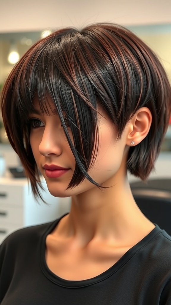 A woman with a full-crowned short box bob hairstyle, featuring sleek layers and subtle highlights.